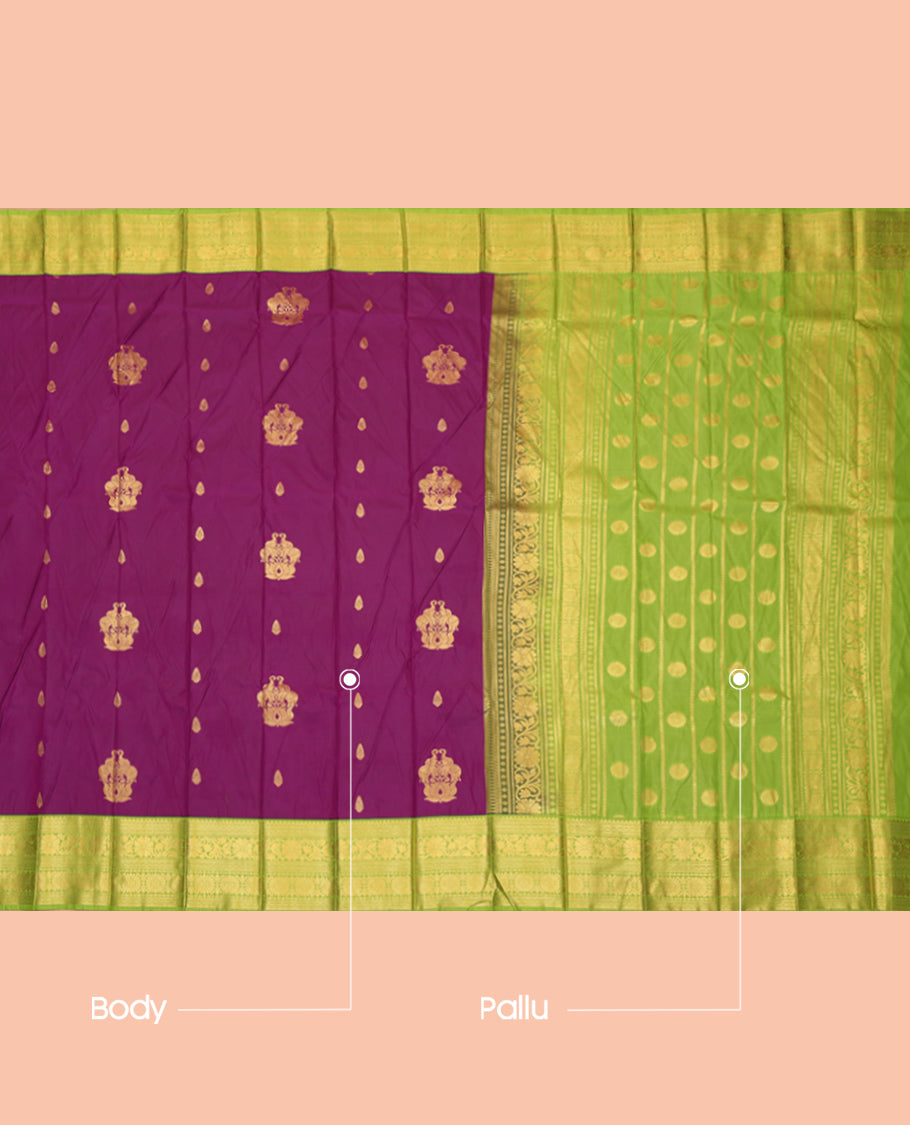 Purple Budget Silk Saree, Enlivened with Zari Buttas, Complemented by Contrast Traditional Zari Border, a Grand Pallu and a Contrast Blouse