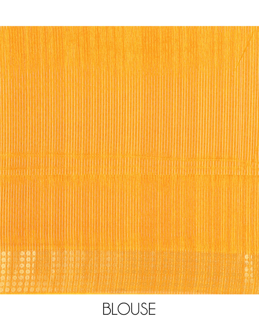 Mustard Fancy Tussar Saree, Polka Dotted Zari Border, Grand Pallu, a Floral Printed Blouse, Matching Blouse