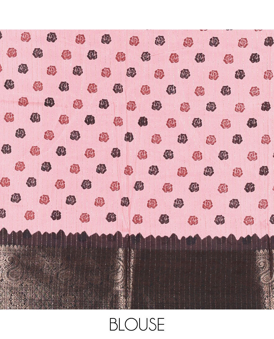 Onion pink golden zari stripes, and floral vine printed dola silk saree, contrast traditional temple zari border, and floral printed pallu