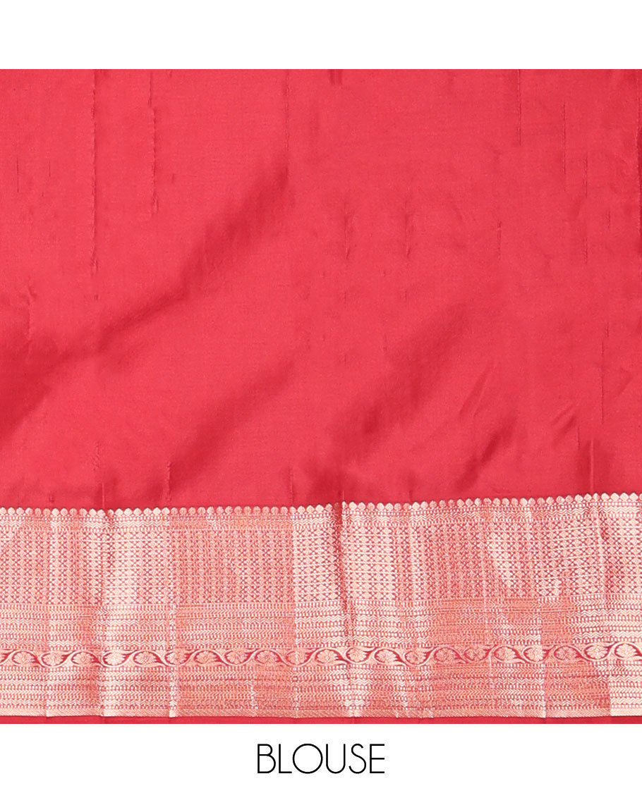 Orange buttas silk saree with contrast border of thilakam mokku, muthu, banaras design & jaal pallu