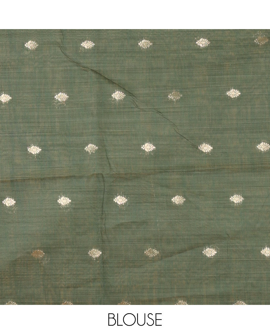 Light green meena buttas woven linen saree, jamdhani-style floral design woven border, floral design pallu & contrast zari butta blouse