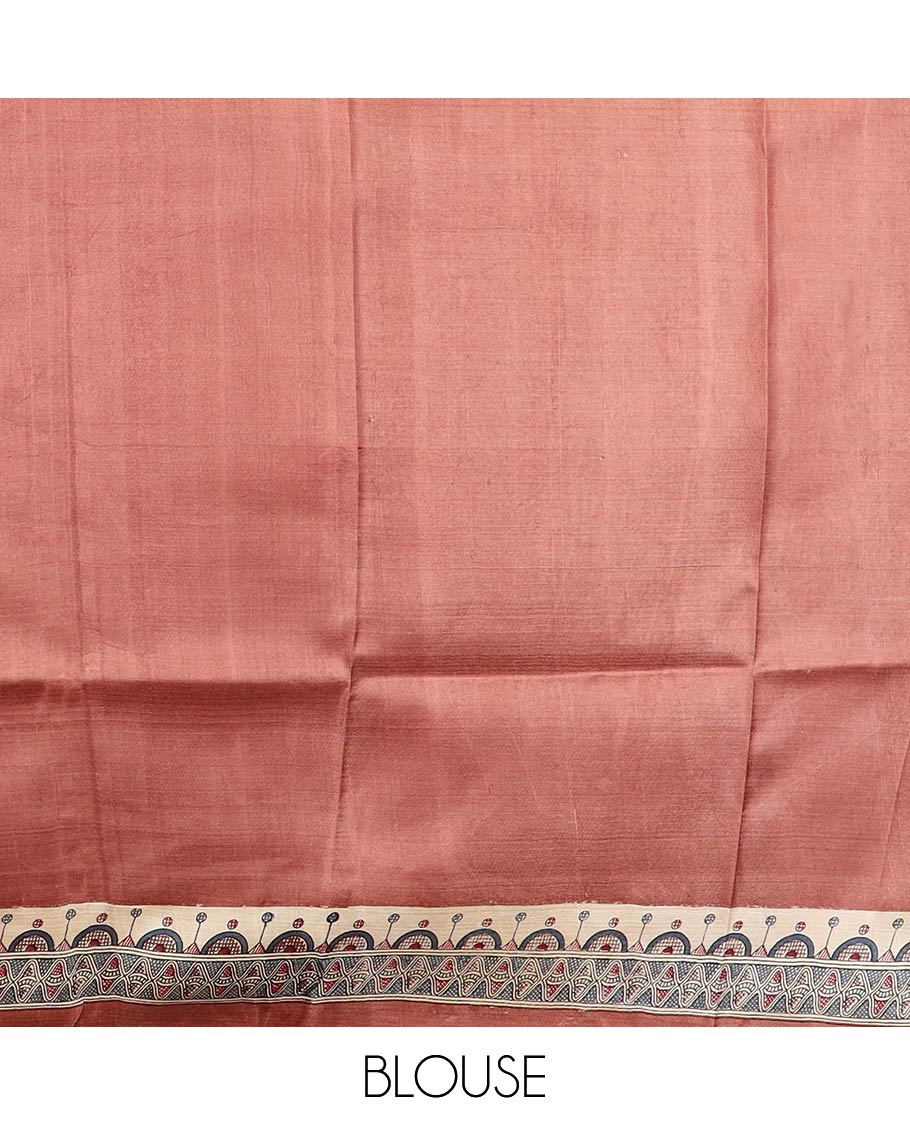 Brown madhubani style printed silk saree with self border & madhubani style design pallu