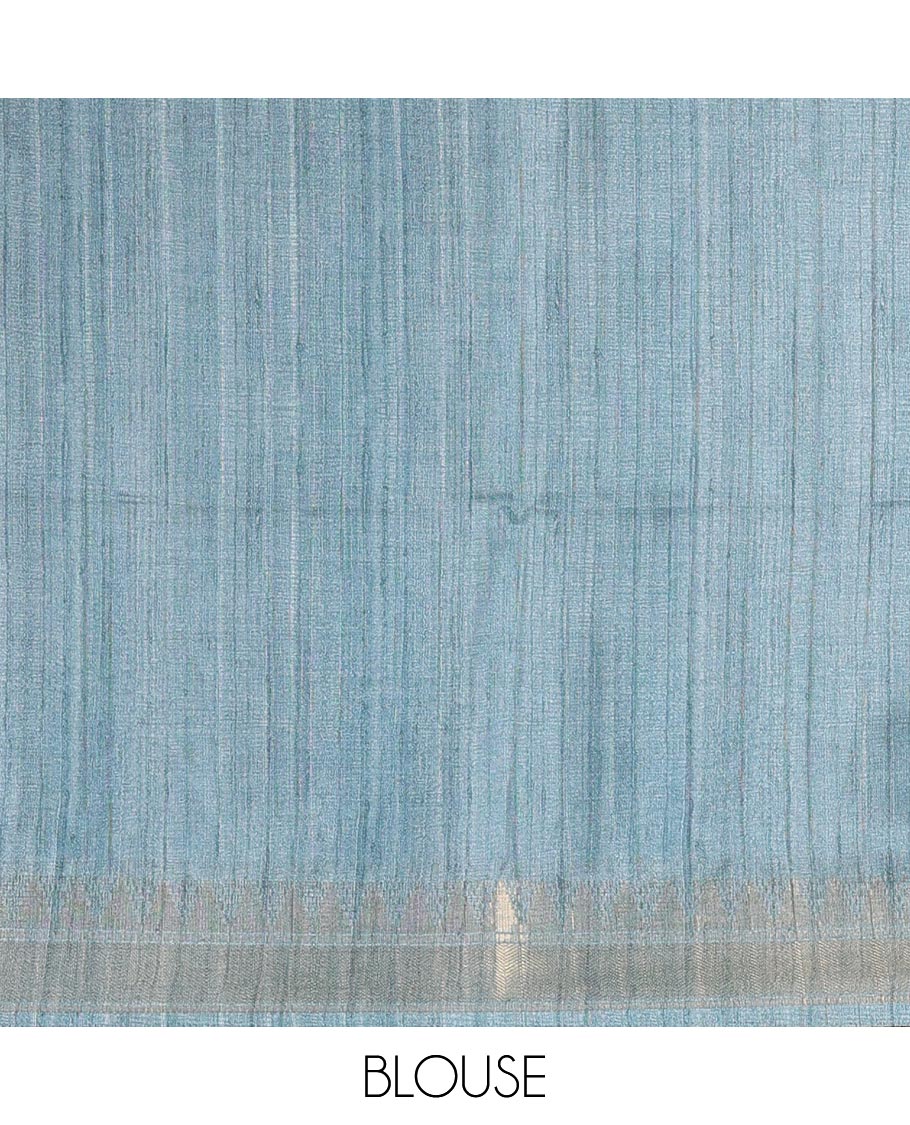 Blue floral vine printed fancy tussar saree, zari temple border, floral printed pallu, and a matching zari woven blouse