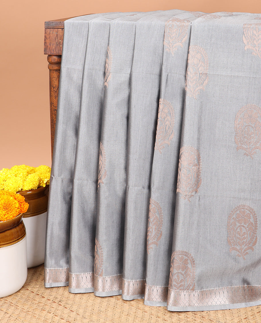 Blue metalic thread soft silk saree with contrast rama green pallu contrast plain blouse