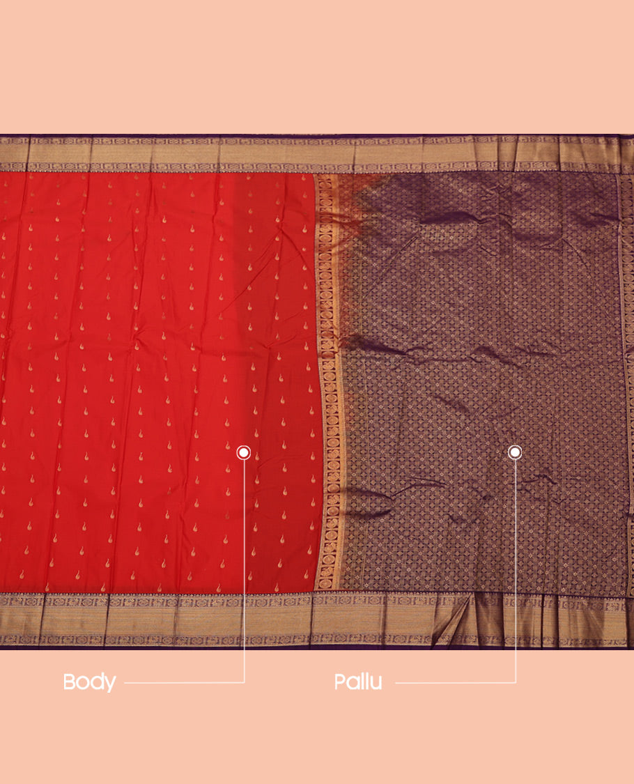 Red Budget Silk Saree, Bedecked with Zari Buttas All Over Its Body, Complemented by a Contrast Traditional Zari Peacock-Chakram Border, Grand Jaal Pallu, and Paired with a Contrast Blouse