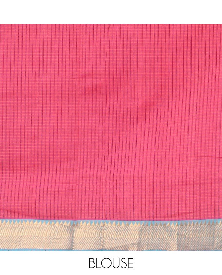 Red checked mangalagiri cotton saree with contrast striped, temple border & striped pallu