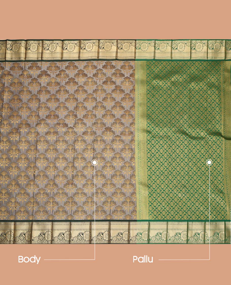 Grey Budget Silk Saree, Spotlighted with Floral Zari Design, Complemented by Contrast Traditional Zari Border, a Jaal Pallu and a Contrast Blouse
