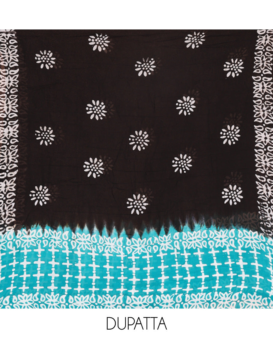 Black and Rama Material Chudidhar Set, Subtly Sparkled with Batik-Style Printed Viscose Georgette Top, Rayon Batik Printed Bottom, and Viscose Georgette Dupatta of Batik Print