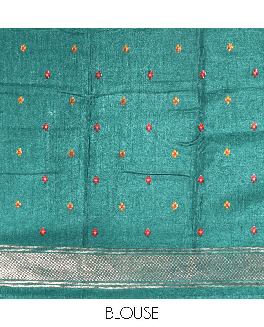 Half-white and green buttas enclosed jaal patterned patola-inspired pochampally dola silk saree, contrast green zari border, patola elephant pallu, and contrast blouse