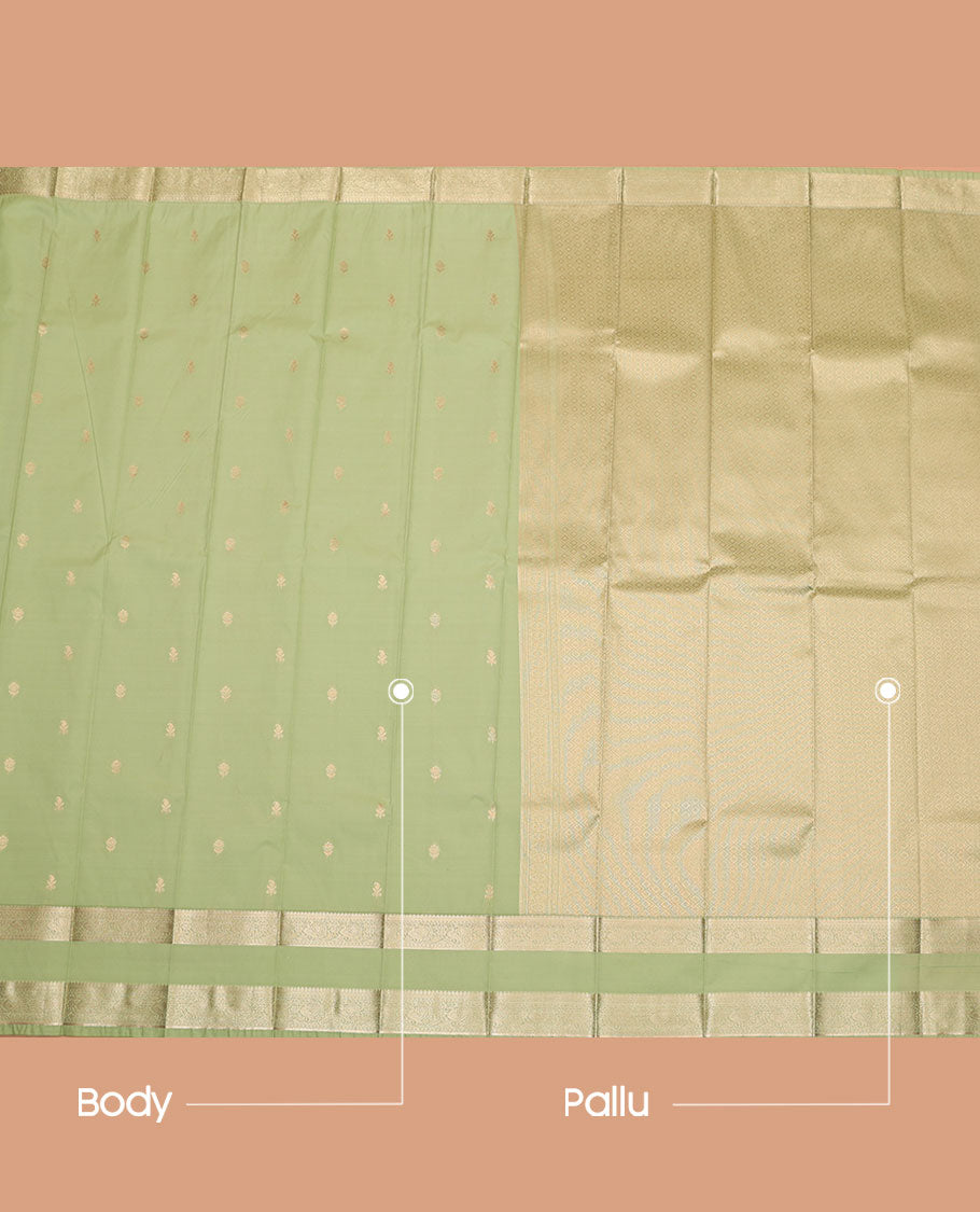 Pista Green Budget Silk Saree, Bedecked with Zari Buttas All Over Its Body, Highlighted by Traditional Zari Design Border of Peacock Designs, Gleaming Pallu of Jaal Designs, and Paired with a Matching Blouse