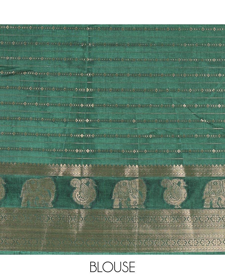 Half-white zari designs dola silk saree, contrast green temple traditional border of peacock and elephant motifs, and temple pallu