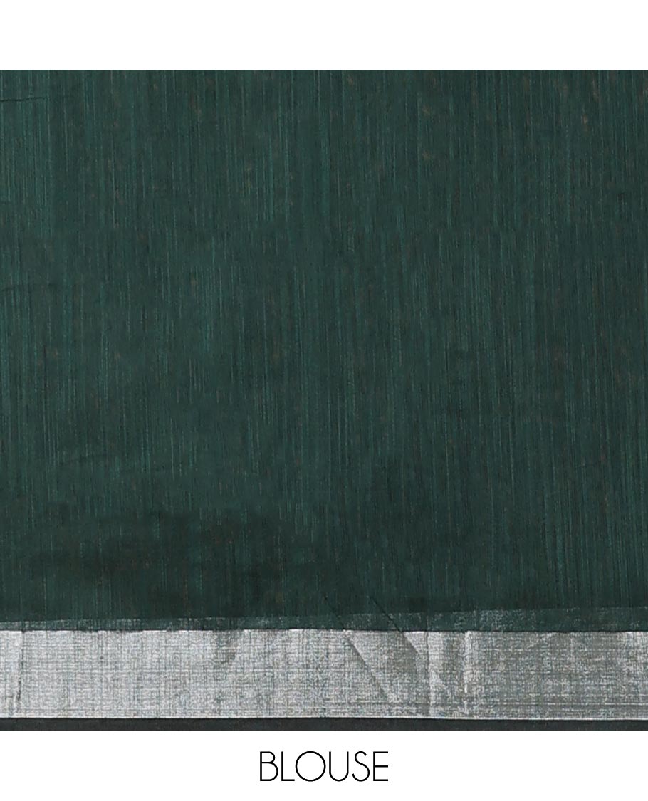 Dark green linen saree with self-border & striped pallu