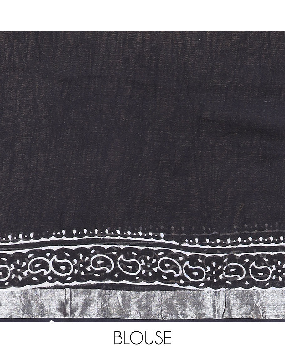 Black hand black printed linen saree with silver border & hand block print pallu along with self blouse