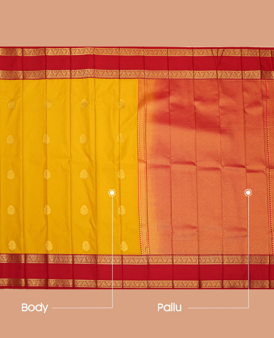 Yellow Budget Silk Saree, Sparsely Sparkled with Zari Buttas All Over Its Body, Complemented by a Contrast Rettai Pettu Floral Creeper Zari Border, Pallu of Jaal Designs, and Paired with a Contrast Blouse