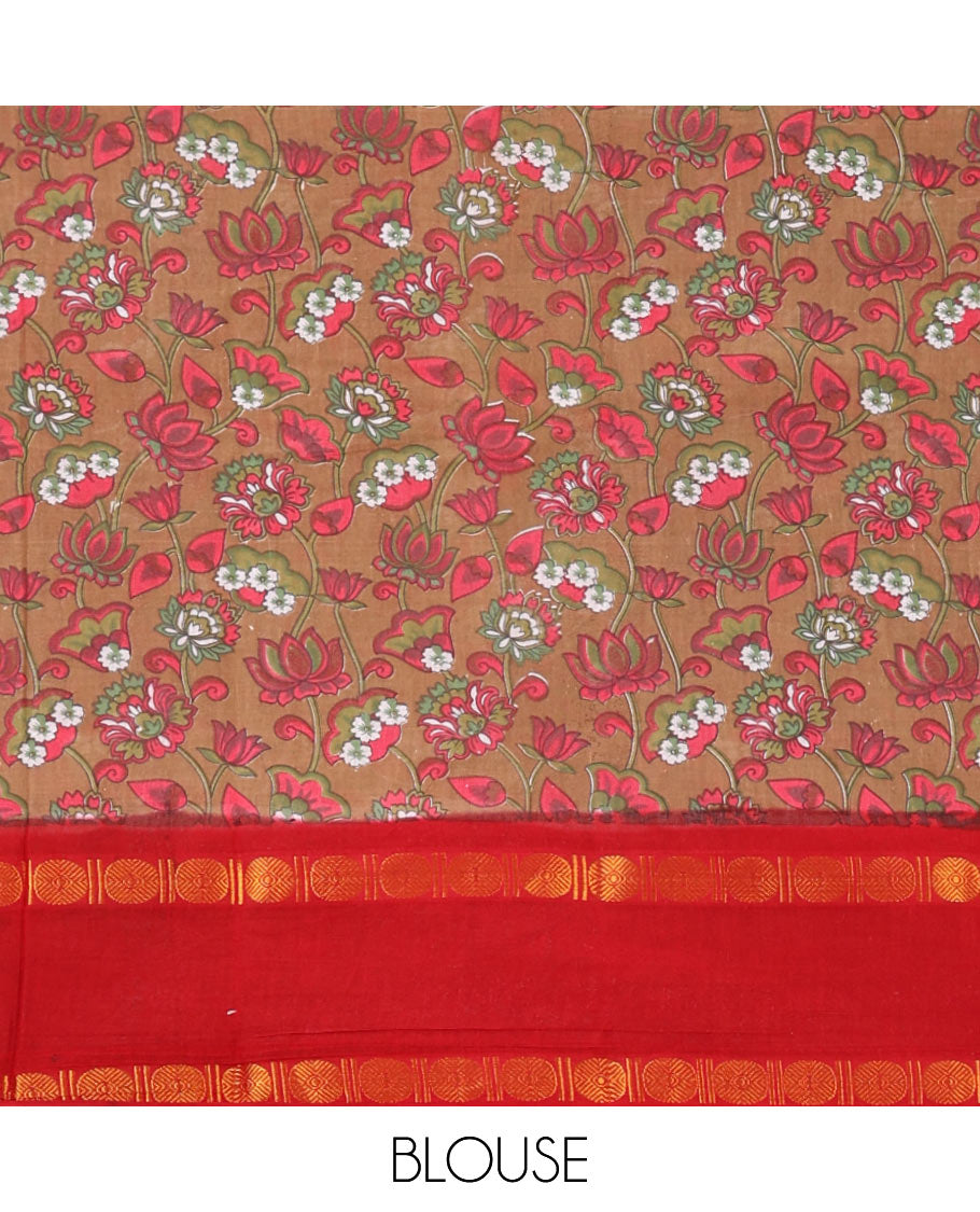 Grey lotus design printed sungudi cotton saree, contrast rettai pettu zari border, geometric pallu & running blouse