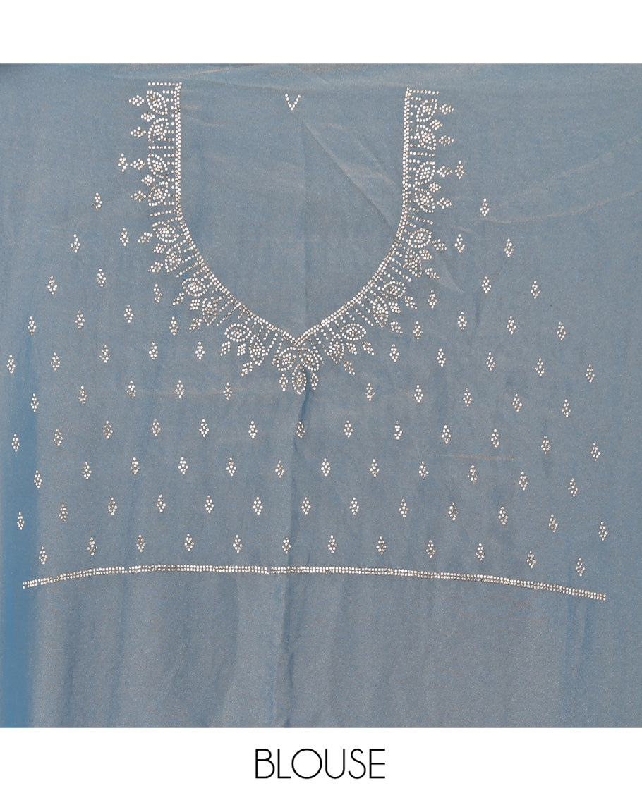 Blue Designer Saree Featuring Stonework, Scallop Stonework Border, Self Pallu, and Matching Blouse