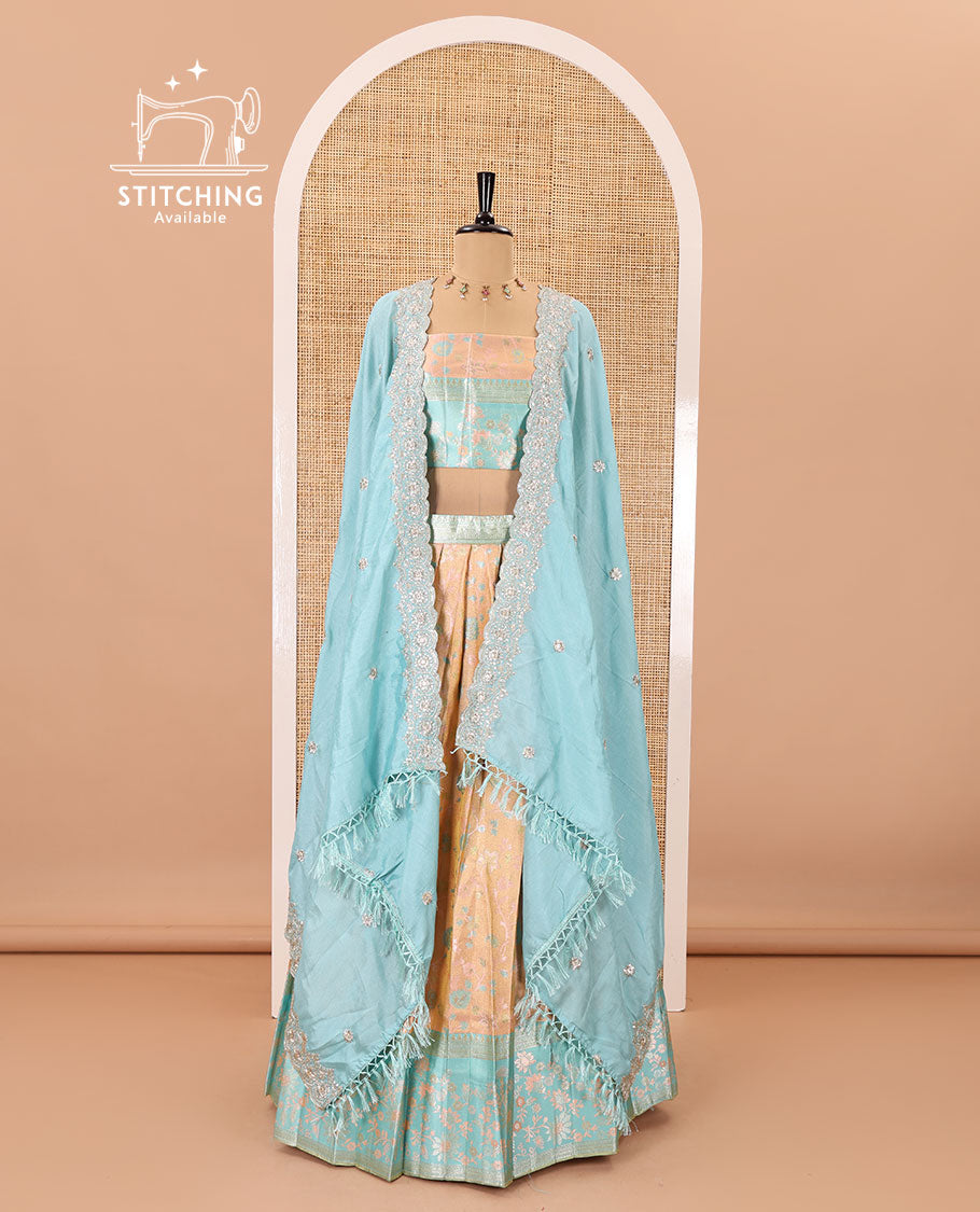 Peach banarasi half-saree, floral jaal thread weave with contrast floral thread bordered skirt, a matching blouse, and scallop embroidered dhavani with belt