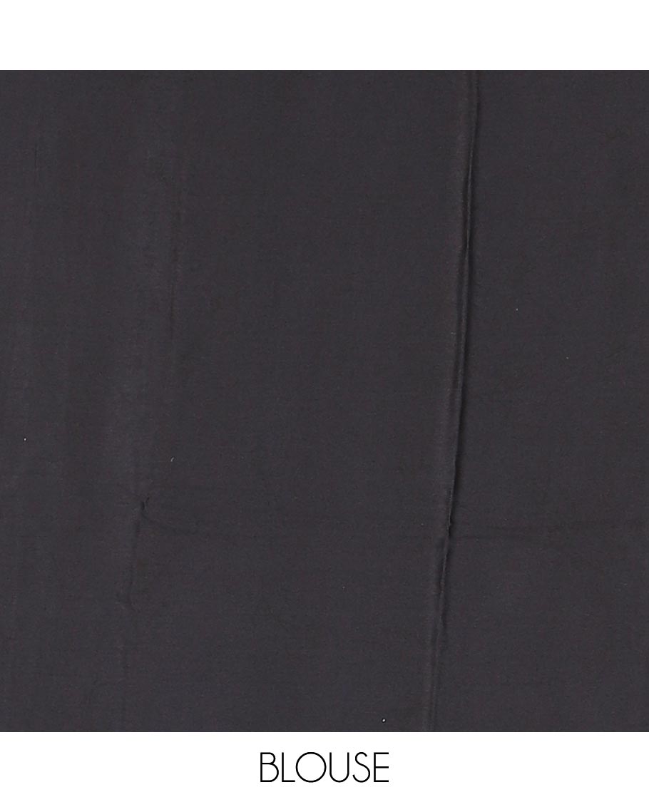 Borderless black leaf vine batik printed Gajji silk saree, batik printed pallu, and plain blouse