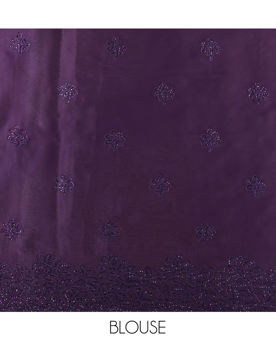 Dark Purple Designer Saree, Finely Crafted with Floral Stone Patchwork, a Scallop Stonework Border, and a Matching Blouse