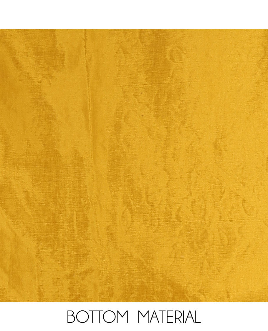 Mustard churidar material set, floral print with thread outlined organza top, plain santoon bottom, and floral vine sequins embroidered organza dupatta