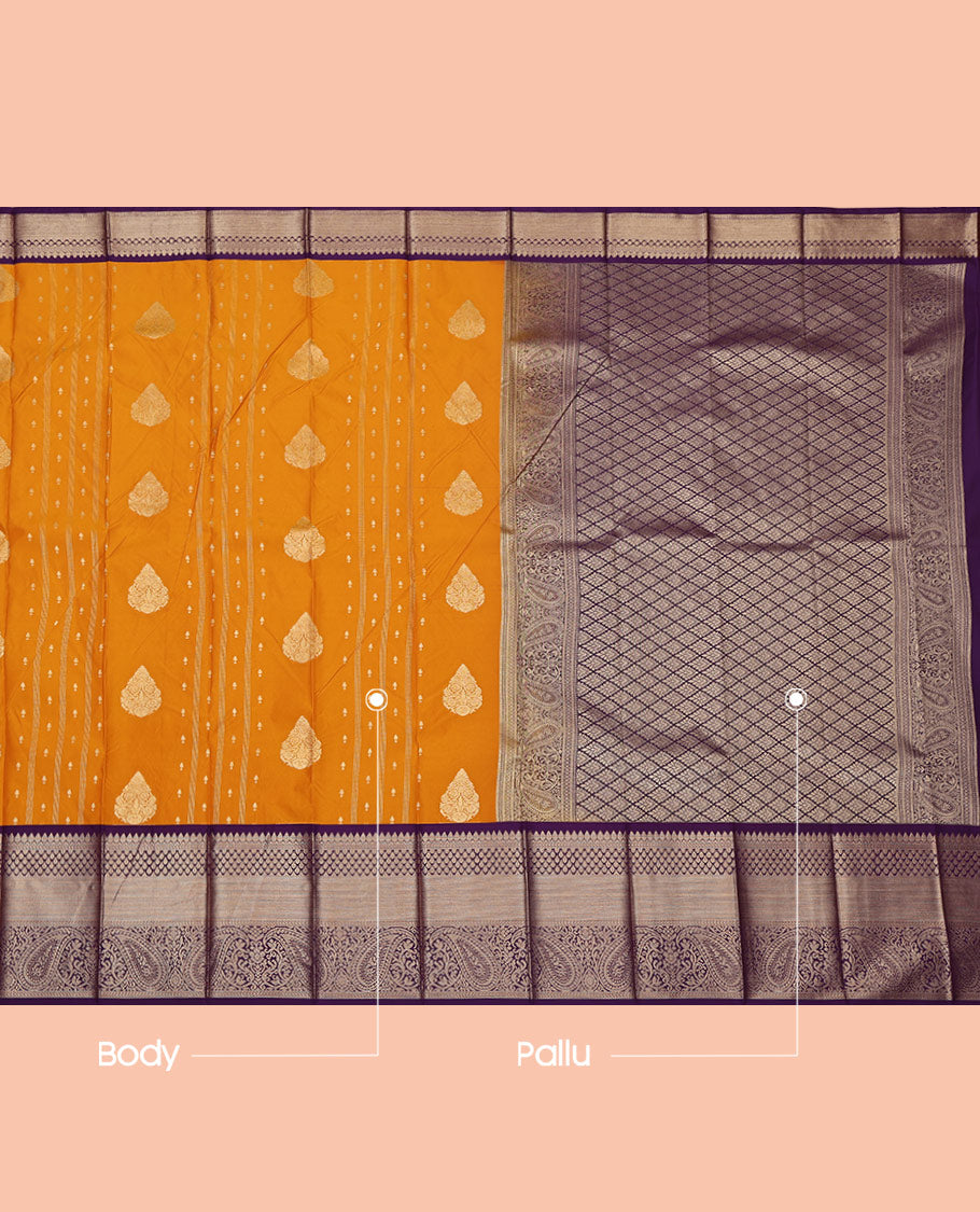 Orange Budget Silk Saree, Detailed with Zari Buttas and Stripes on Its Body, Complemented by a Contrast Traditional Zari Design Border, Grand Jaal Pallu, and Paired with a Contrast Blouse