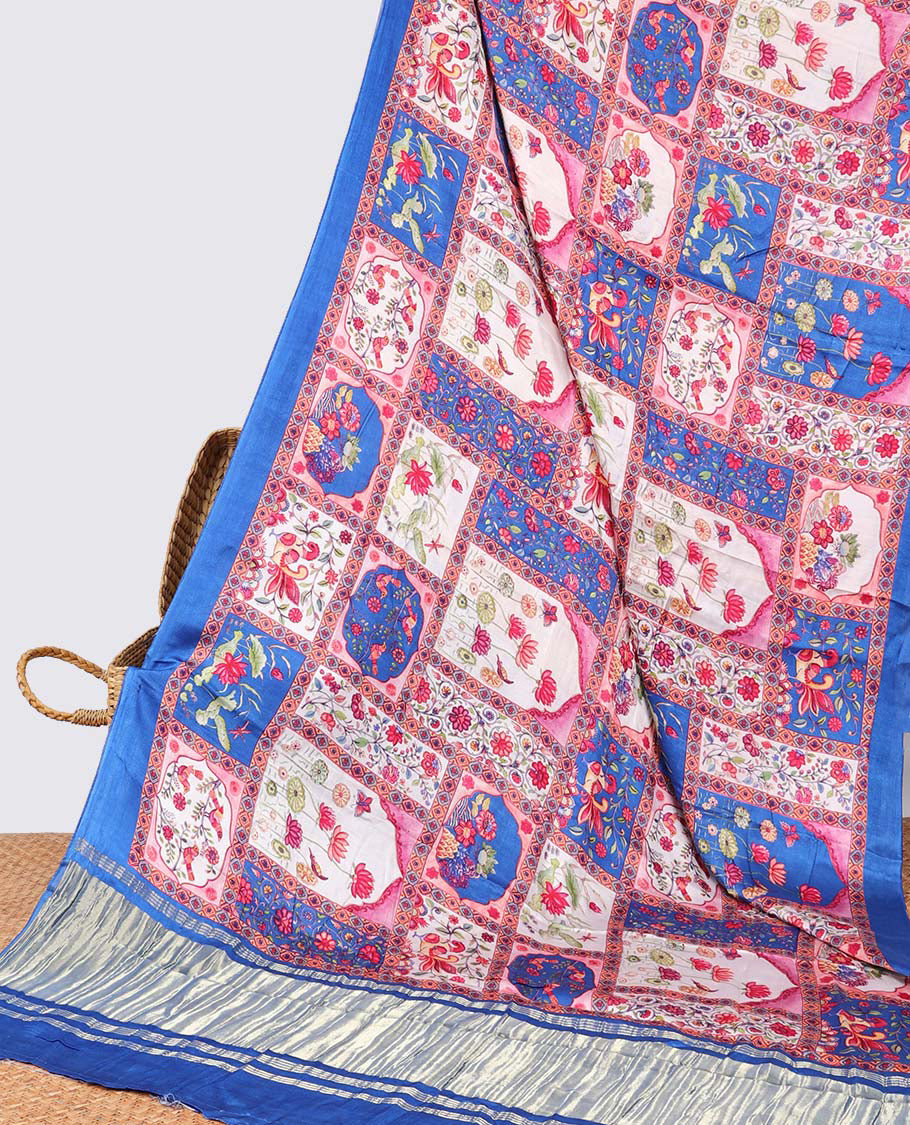 Multi-colored floral design semi-banaras printed saree contrast plain border & striped zari pallu