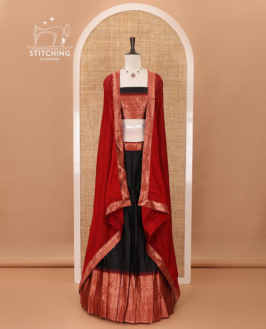 Black taffeta silk half-saree,plain skirt,contrast temple traditional zari border,zari design blouse & zari border georgette dhavani