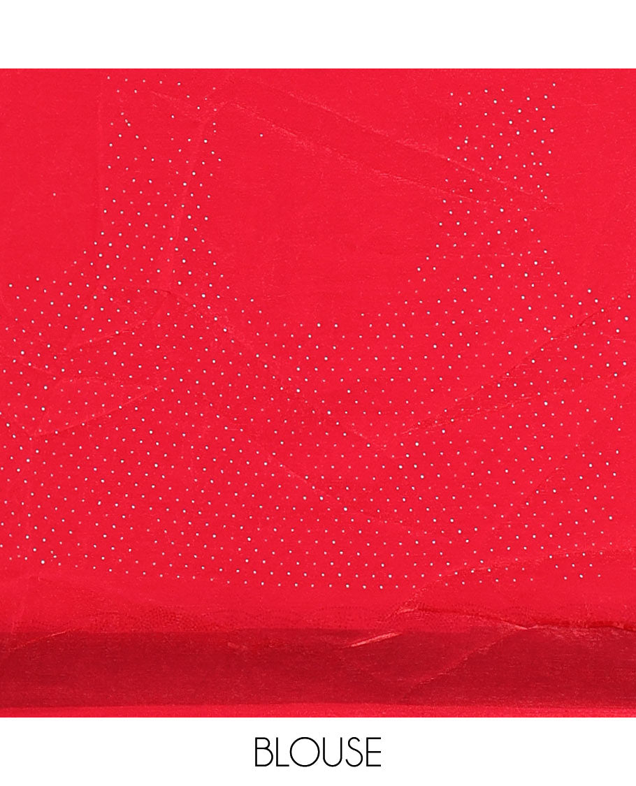 Rani pink full-plain fendy chiffon saree, scallop swarovski stone work geometric border and contrast plain blouse