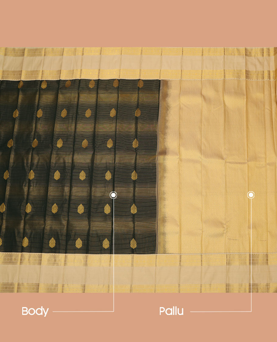 Green Budget Silk Saree, Detailed with Zari Buttas and Zari Stripes All Over Its Body, Complemented by a Contrast Traditional Zari Design Rettai Pettu Border, Delicately Woven Jaal Pallu, and Paired with a Contrast Blouse