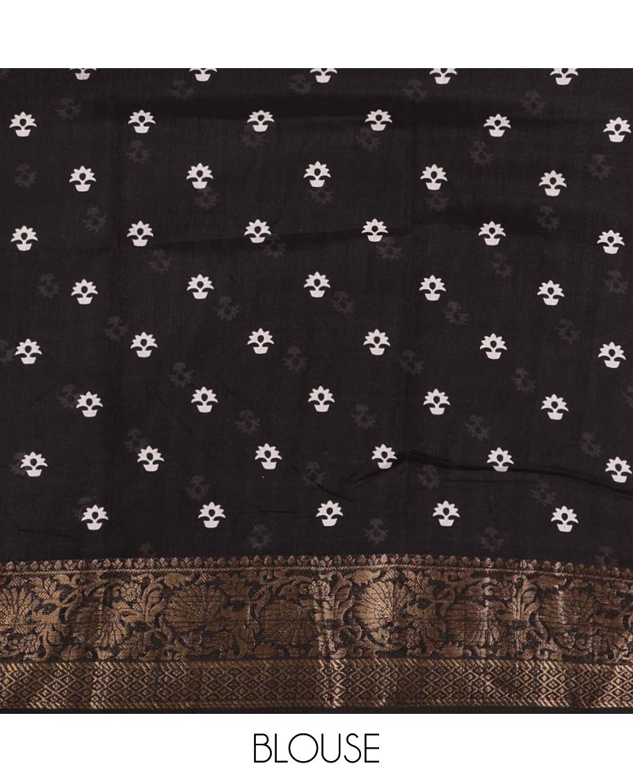 Black stripes printed soft dola saree,contrast floral creeper design zari border,Ajrakh-print pallu & blouse of floral butta & zari design