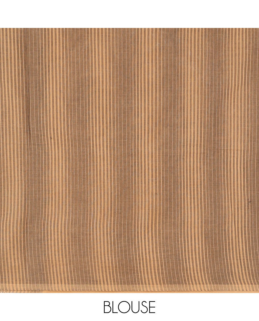 Chikku color coimbatore cotton saree with contrast thread border & threaded rich pallu along with striped blouse