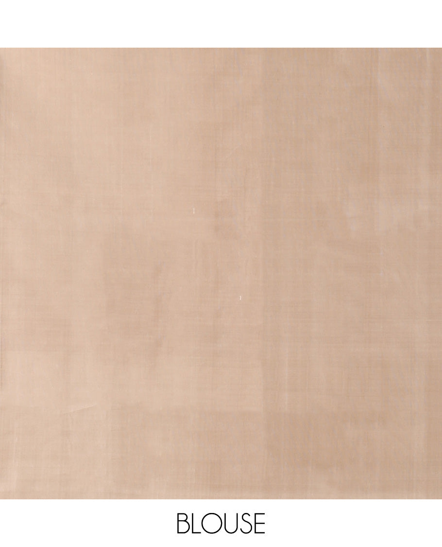 Peach floral buttas soft silk saree with contrast floral border & round buttas pallu