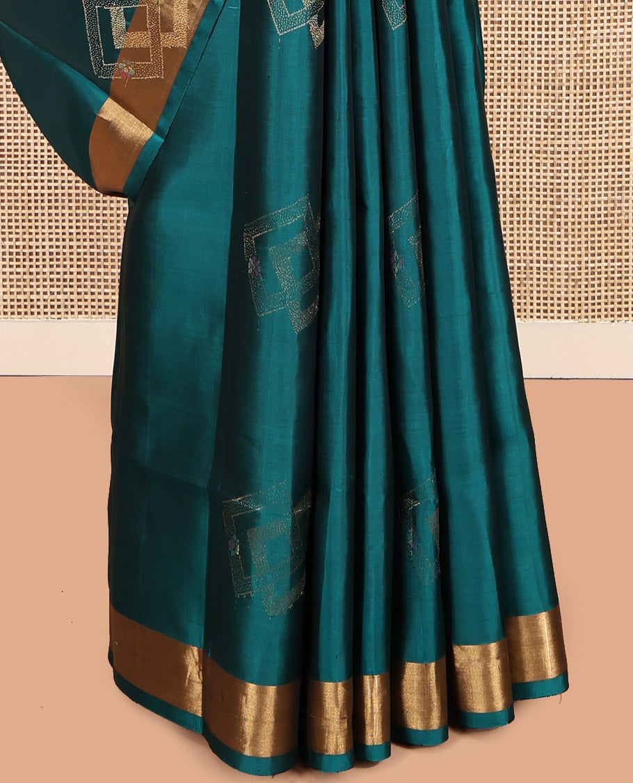 Blue Mayuri Lite Silk Mix Saree, Subtly Sparkled With Zari Buttas, a Subtle Bavanji Border, Contrast Intricately Designed Pallu, and a Contrast Blouse