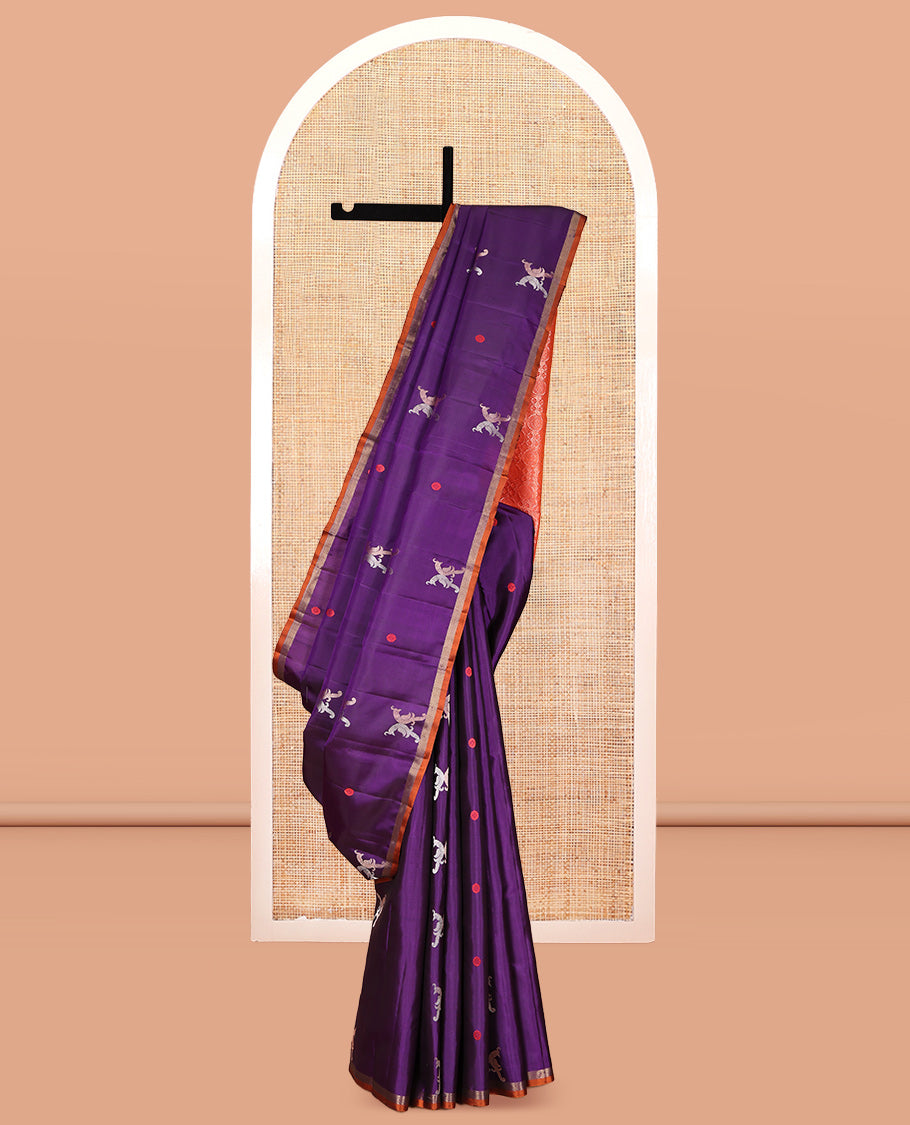 Violet Kanchipuram Silk Saree, Adorned with Kili Buttas, a Contrast Border, Grandly Woven Chakram Motifs Steeped Pallu, and a Contrast Blouse