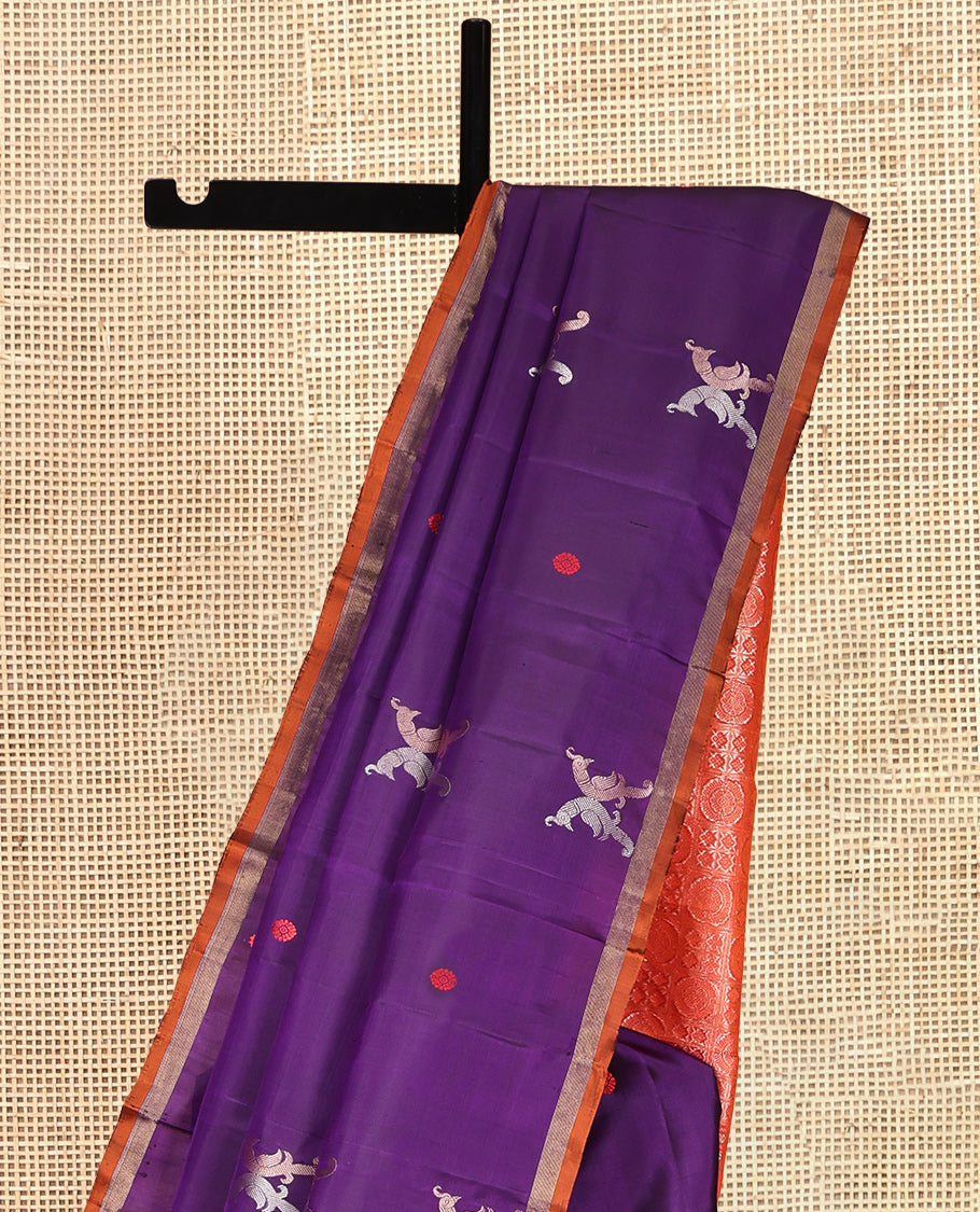 Violet Kanchipuram Silk Saree, Adorned with Kili Buttas, a Contrast Border, Grandly Woven Chakram Motifs Steeped Pallu, and a Contrast Blouse