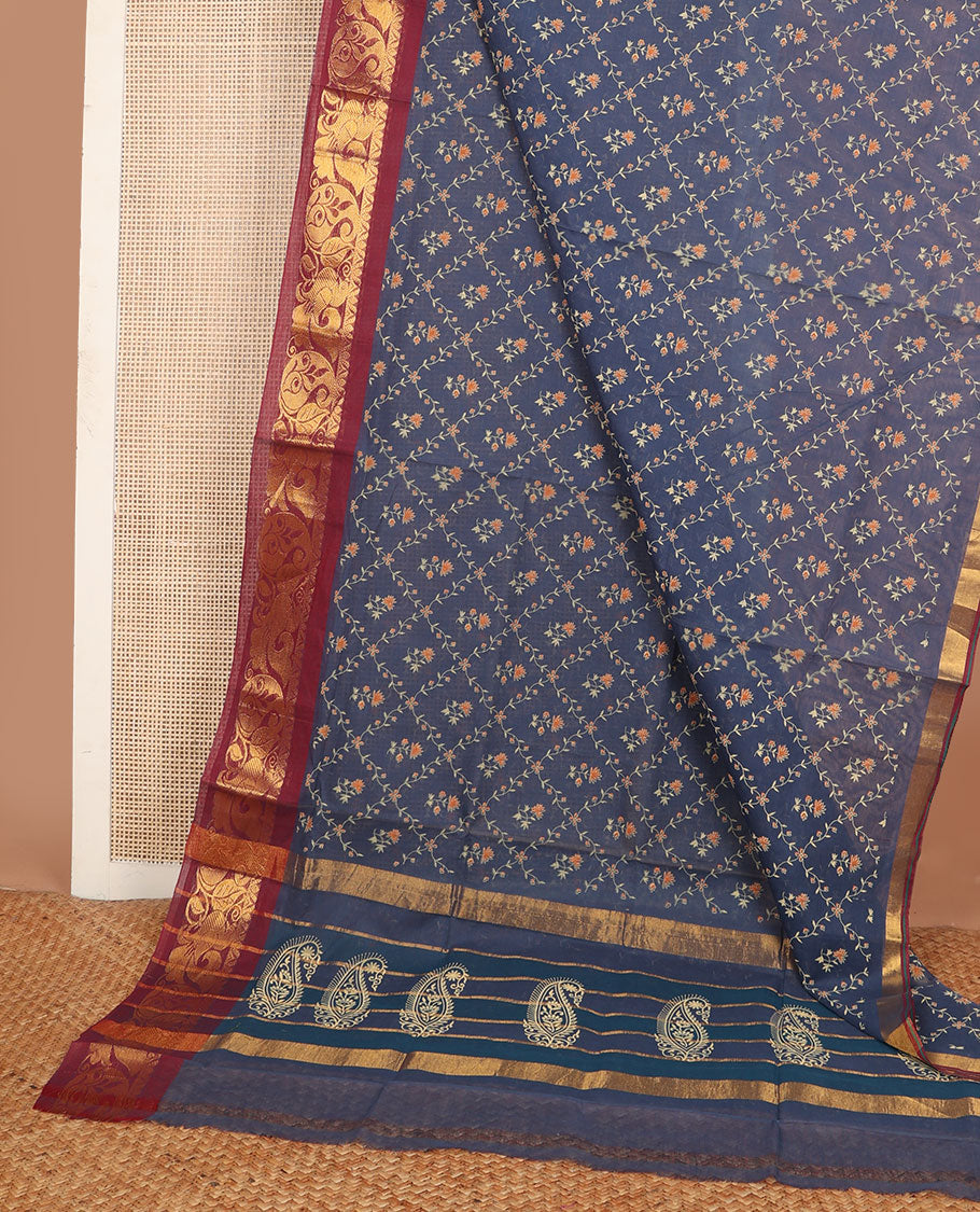 Cement grey floral jaal printed Andhra cotton saree, contrast traditional zari motif border & zari pallu of paisleys