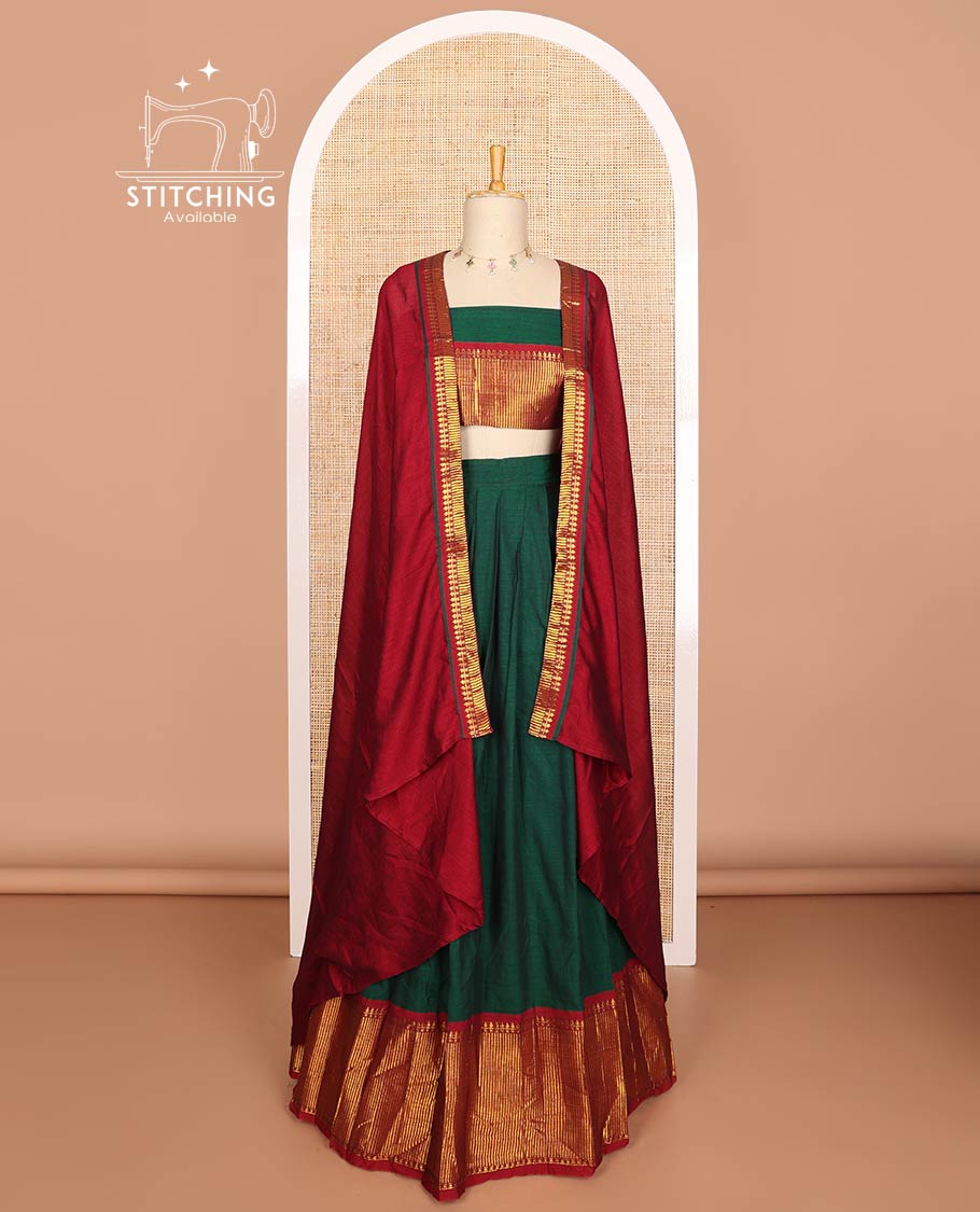 Green mercerised cotton daman zari border half saree with mercerised cotton blouse & skya georgette one side zari border work
