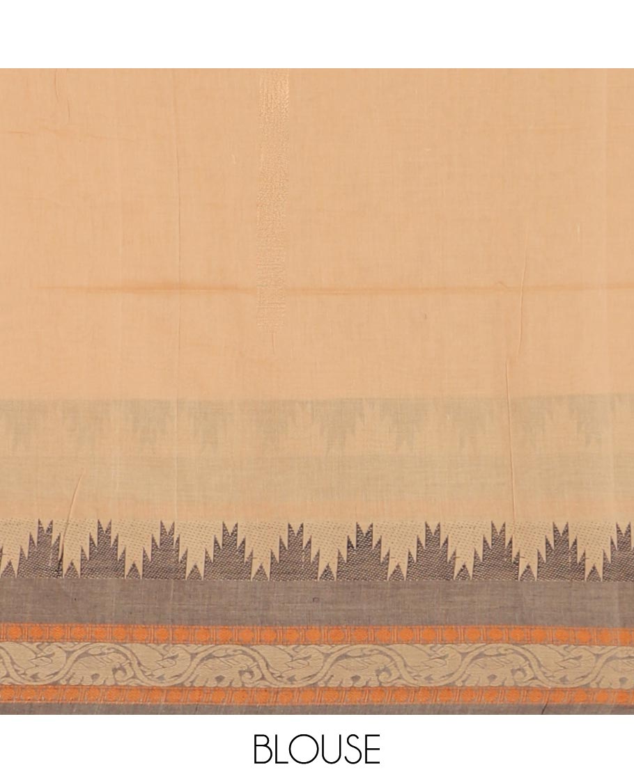 Chikku mercedised cotton half-saree, contrast traditional resham thread border skirt, matching blouse & contrast green thread border georgette dhavani