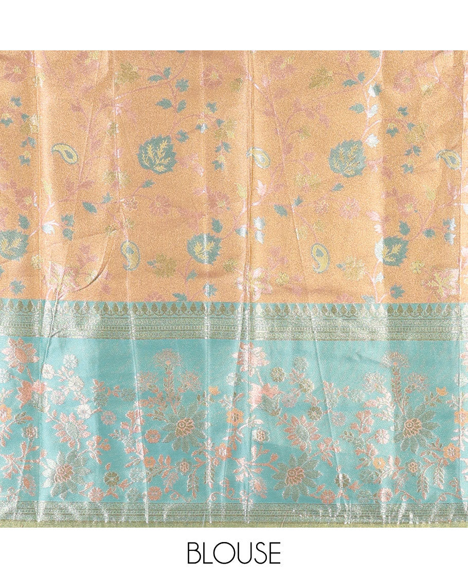 Peach banarasi half-saree, floral jaal thread weave with contrast floral thread bordered skirt, a matching blouse, and scallop embroidered dhavani with belt