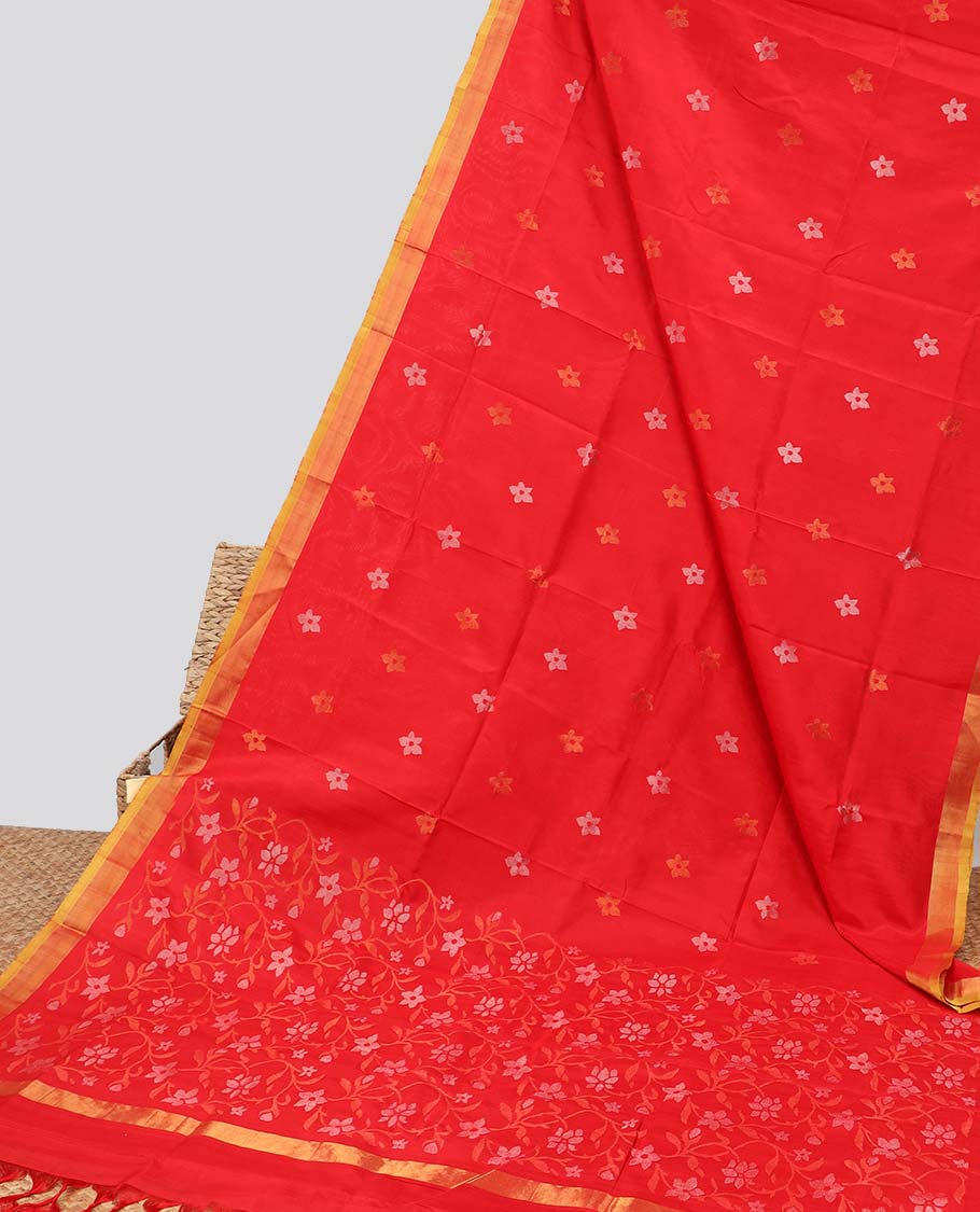 Red motifs uppada silk saree with contrast zari border & floral vine design pallu