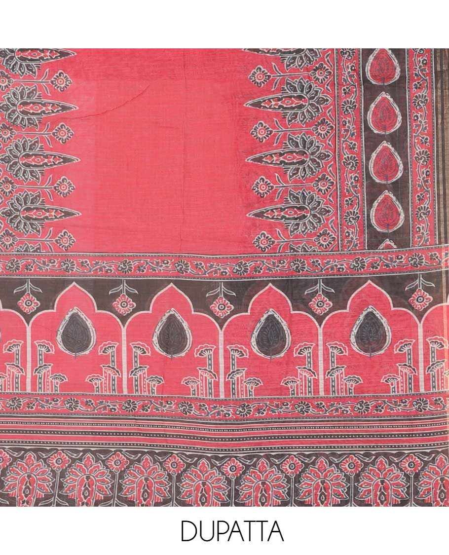 Black with rani pink ajrak print , french knot hand work satin cotton chudidhar material top with cotton pant & ajrak two side lace border dupatta