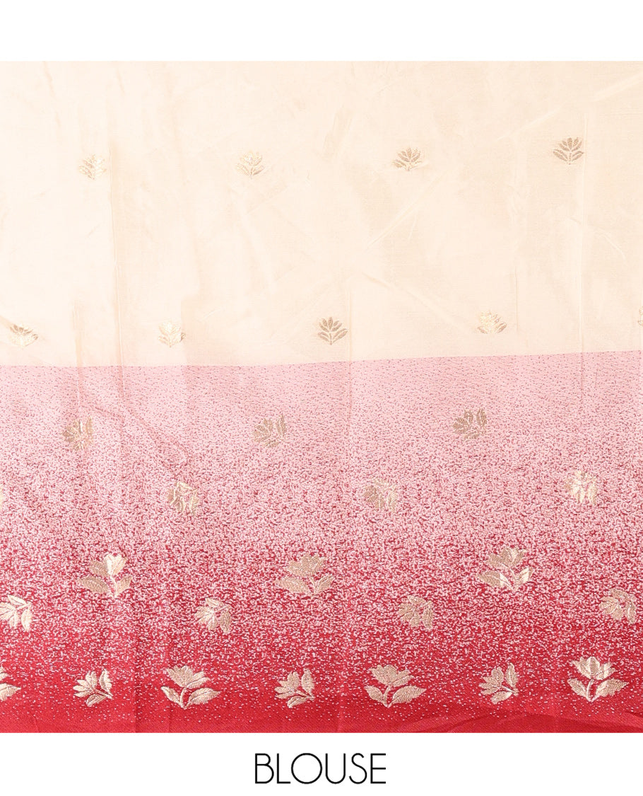 Cream-Red Semi-Silk Half-Saree Featuring Buttas Skirt, Contrast Floral Border, Matching Blouse, Contrast Syska Georgette Dhavani