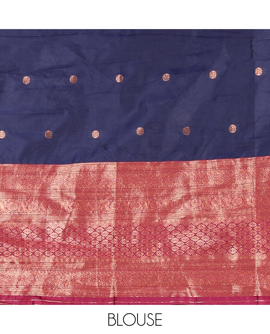 Navy blue taffeta silk half saree, floral zari buttas with contrast maroon traditional zari border skirt, matching zari design blouse, and contrast plain zari border syska georgette dhavani