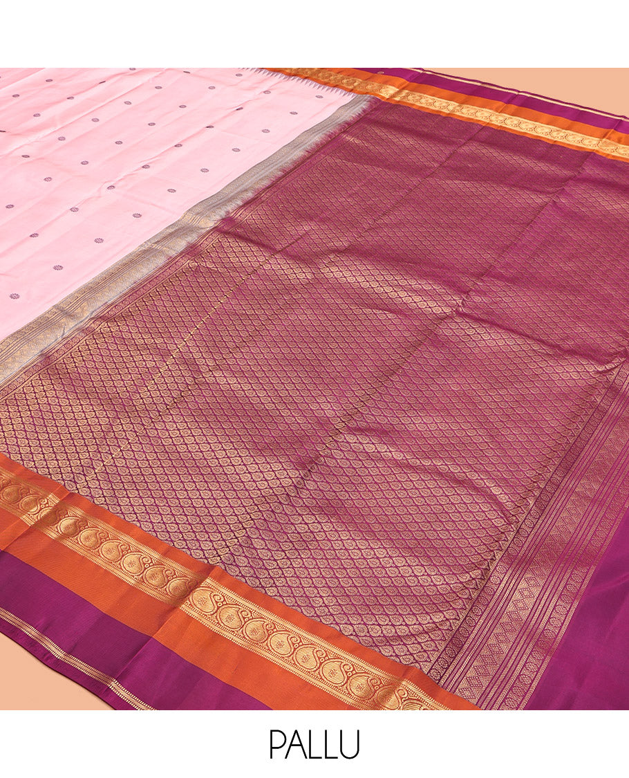 Pink Vasundhara Lite Silk Mix Saree, Crafted with Kamalam Buttas, Complemented by a Contrast Temple Border of Manga, Muthu, Banaras, and Kamalam, Grand Pallu, and a Contrast Blouse