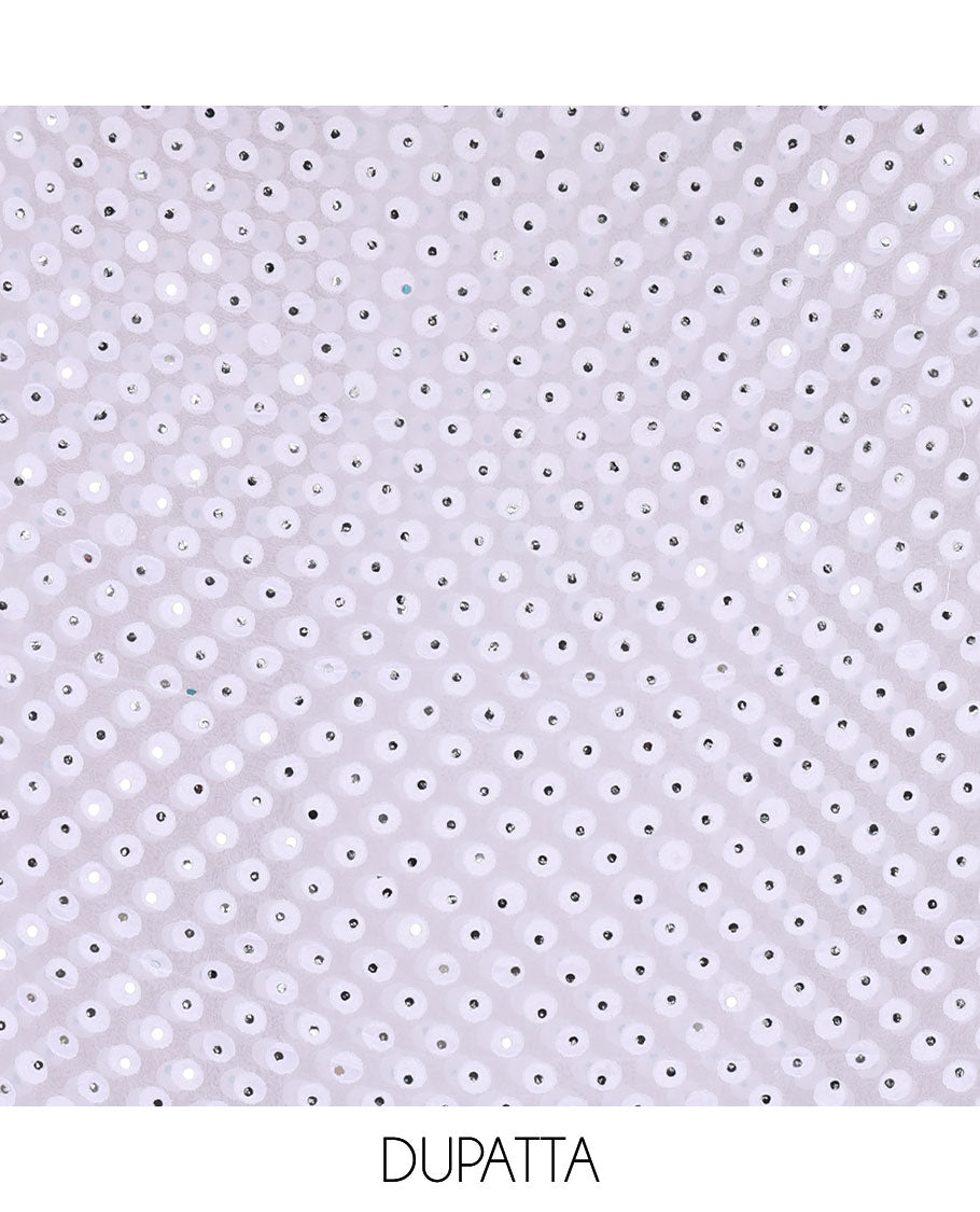 White material churidar set, stone work with Schiffli style embroidered georgette top, American Crape bottom, and polka dotted printed mirror work dupatta