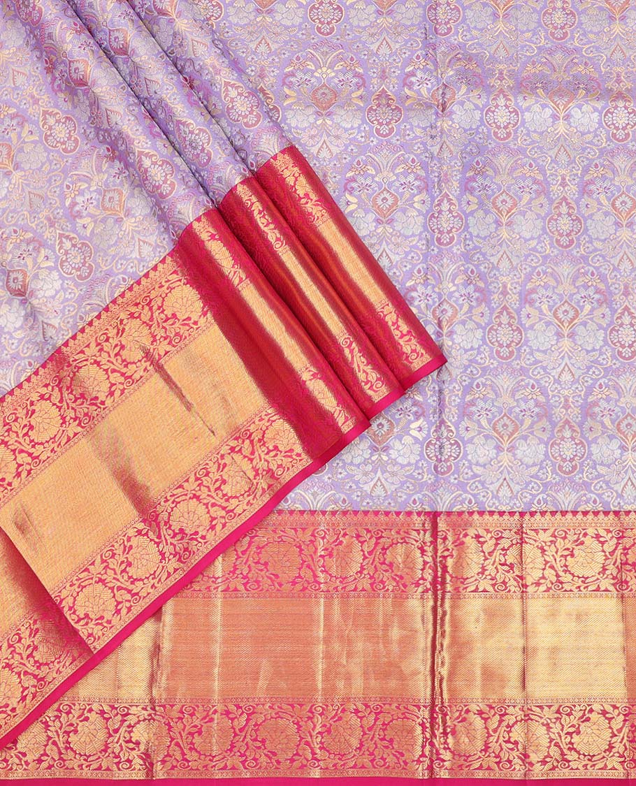 lavender floral jacquard pure silk half saree with contrast traditional design border , zari design blouse & floral jaal design dhavani