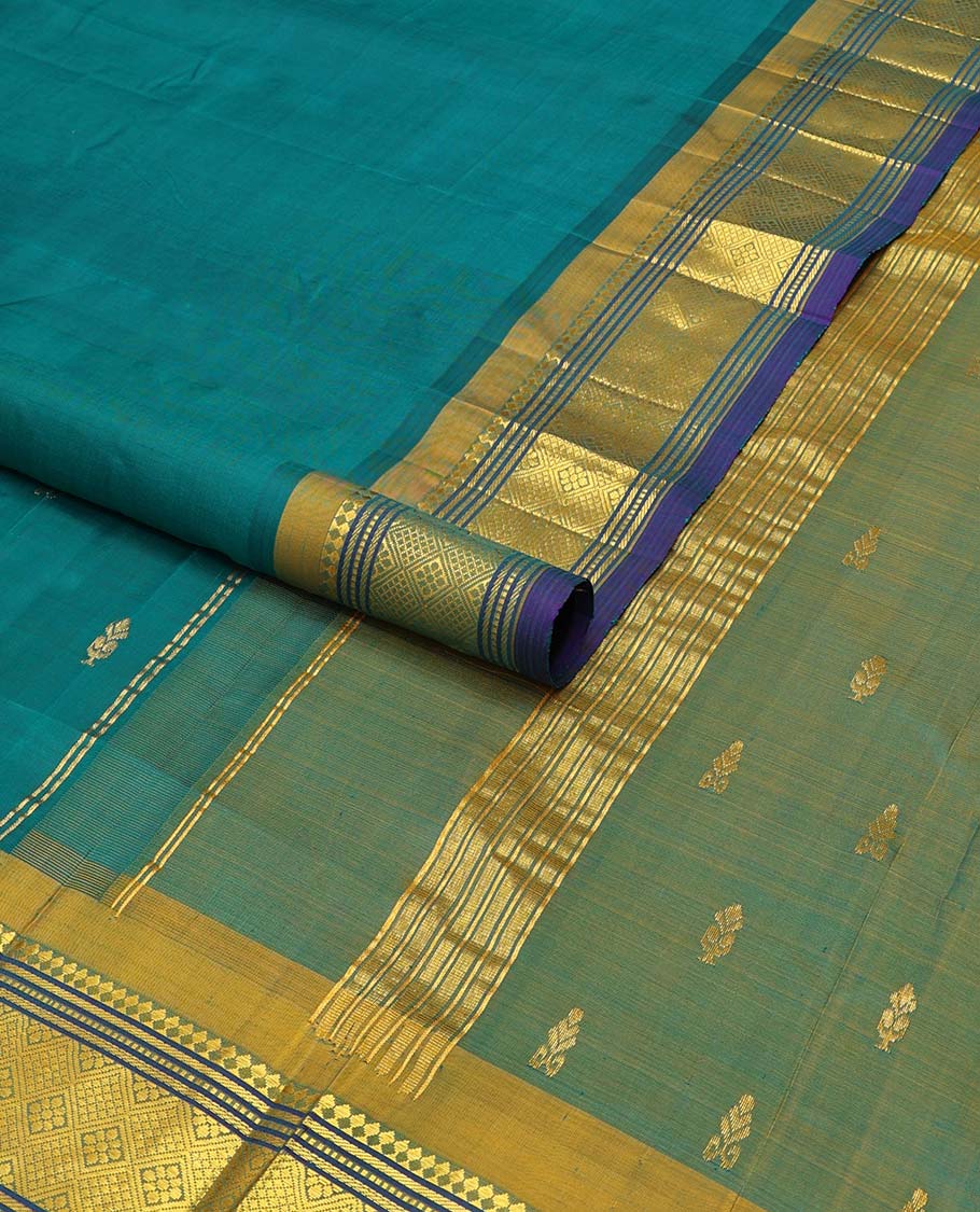 Green floral buttas kancheepuram silk saree with contrast border of banaras, muthu, checked design border & zari design pallu