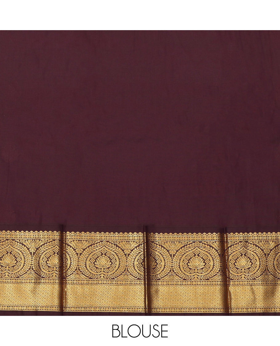 Brown Budget Silk Saree, Elevated with Zari Buttas, a Contrast Traditional Zari Border, a Grand Pallu and a Contrast Blouse