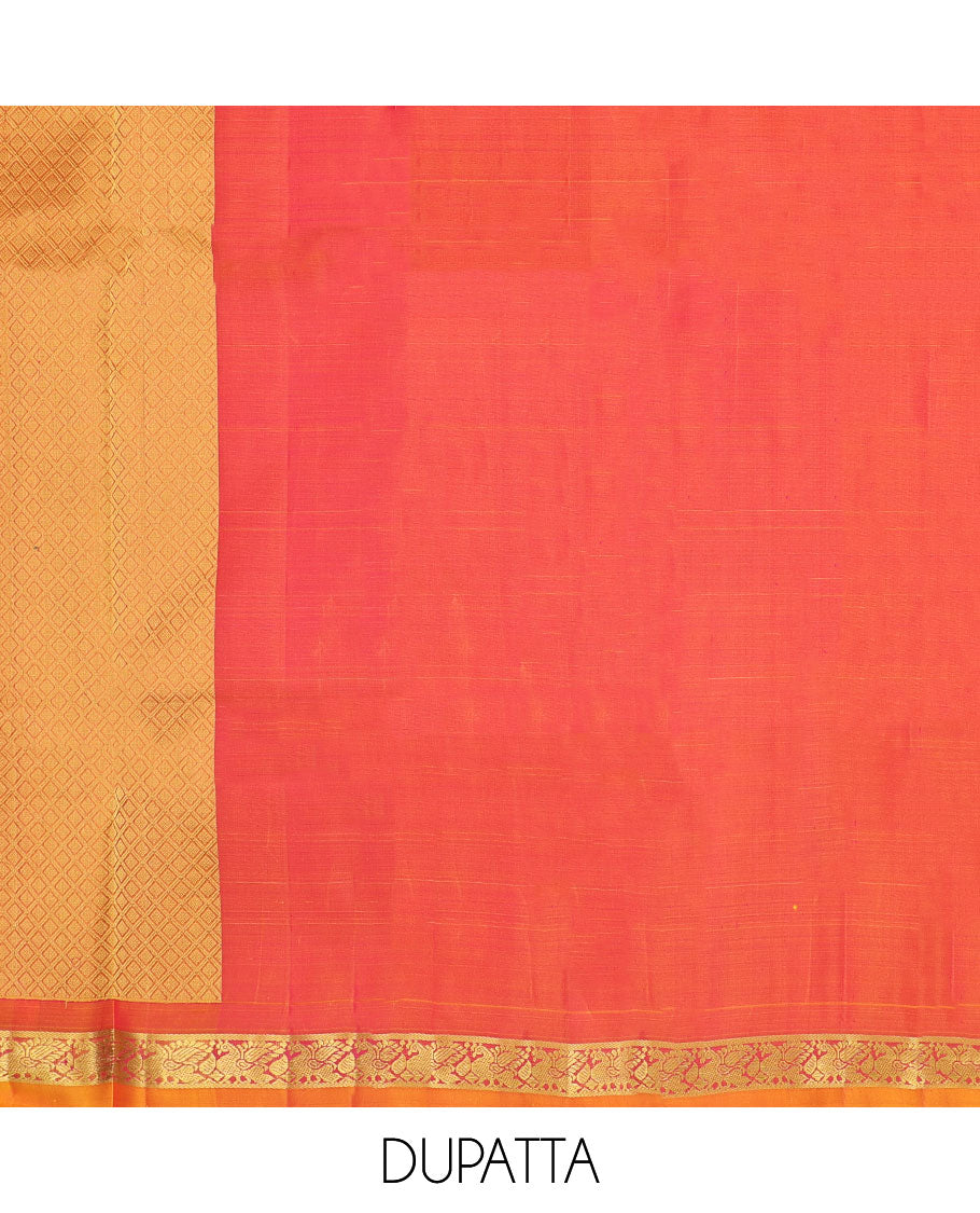 pink floral buttas pure silk half saree with contrast intricate zari design border, zari design blouse & floral zari design dhavani