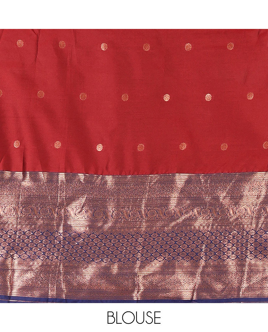 Maroon taffeta silk half-saree, flower zari buttas and contrast traditional zari bordered skirt, a matching blouse, and contrast embroidered satin georgette scallop dhavani